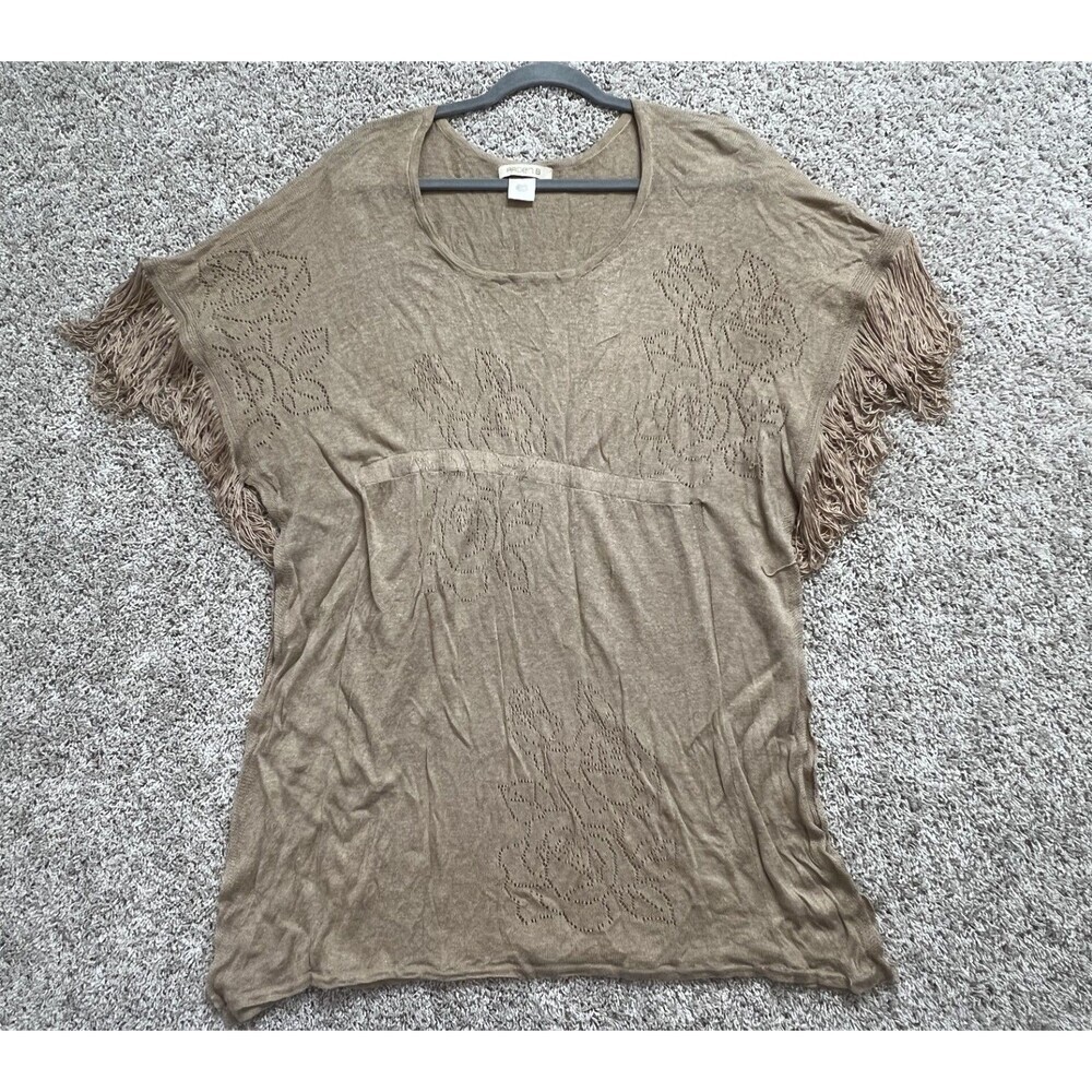 Arden B Women Beige Linen Blend Fringe Boho Top Size M Short Sleeve Blouse